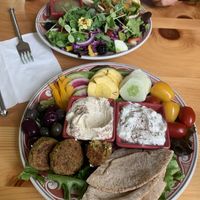 Mezza platter and flatbread with jerk spiced Seitan  at Good Natured Cafe in Martinsburg