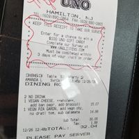 The bill. at UNO Pizzeria in Hamilton