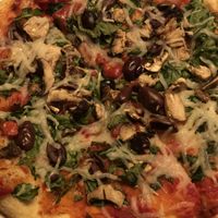 Daiya cheese pizza with mushrooms, spinach, and kalamata olives. at UNO Pizzeria in Hamilton