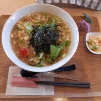Vegan udon noodle soup at Shiba Mama No O Mise in Yamagata