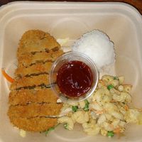 Chickun katsu with bbq sauce, Mac salad, and rice at Wild Thyme Organics in Kealakekua
