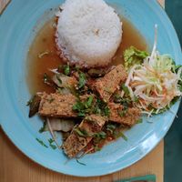 Fried seitan, rice, crispy veggies at Saigon in Bonn