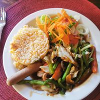Veg stir fry with soy sausage at Turtle Cove Lodge in Tofo