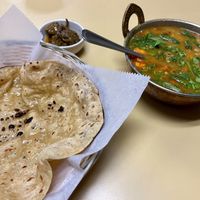Roti with vegan butter, pickle, and dal soup...  at Shanti's Indian Cuisine in Roseburg