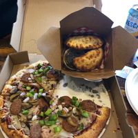 Vegan Empanadas and Beyond Sausage Pizza.  Yum at T-Mama's Gourmet in Aurora