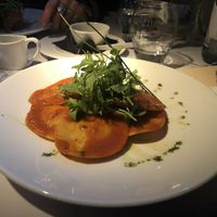Butternut squash ravioli with a tomato basil sauce. at Fellinis in Ambleside