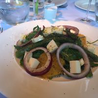 Asparagus, orange and red onion salad starter with vegan cheese at Fellinis in Ambleside