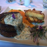 Vegan moussaka with soy tzaziki sauce at Fellinis in Ambleside