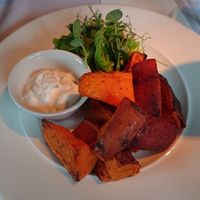Roasted Sweet potatoes and vegan white sauce at Fellinis in Ambleside