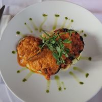 Mushrooms red pepper sauce and cauliflower puree at Fellinis in Ambleside