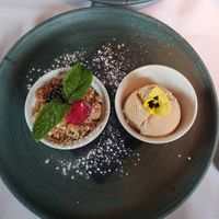 Apple and ginger crumble and vegan ice cream (think it was salted caramel) at Fellinis in Ambleside