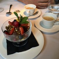 Avocado chocolate mousse with pistachio praline  at Fellinis in Ambleside