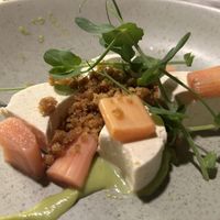 Elderflower Panna Cotta (VG)
Pea Gel, Poached Rhubarb, Chamomile & Brioche Crumble  at Glas Restaurant in Dublin