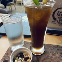 Complimentary nuts and water and then I bought an iced tea (very good)  at iVegan in Makati