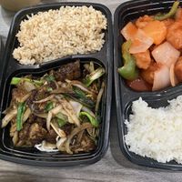 Mongolian beef and sweet and sour chicken  at Harmony Vegetarian in Chamblee