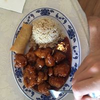 Sesame chicken with spring roll at Harmony Vegetarian in Chamblee