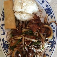 Mongolian Beef with spring roll and white rice  at Harmony Vegetarian in Chamblee