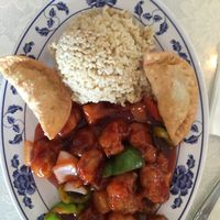 Sweet and sour chicken with curry pockets  at Harmony Vegetarian in Chamblee
