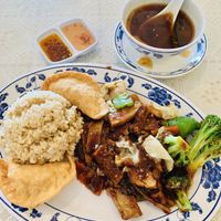Sliced Pork Szechuan Style (w brown rice, curry pockets, hot & sour soup) for just $6.43 include tax. at Harmony Vegetarian in Chamblee