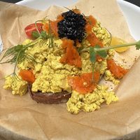 Tofu scramble with the carrot lox and caviar  at Pepper & Ginny - Vegane Veinkost in Vienna