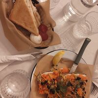 Mealty cheesy toastie with prosciutto and carrot salmon on cheesy spread with vegan caviar at Pepper & Ginny - Vegane Veinkost in Vienna