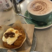 Carrot muffin and hot chocolate  at Wolfox in Brighton