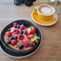 Overnight oats and a coconut flat white at Wolfox in Brighton