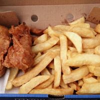 Vegan battered sausage and chips at Infinity Fish Bar & Grill in Portrush