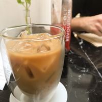 Almond milk with cold brew (my friend ordered watermelon juice in the background). at Broccoli Revolution - Charoenkrung in Bangkok