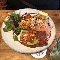 Avocado Sandwich with added salmon and Halloumi  at Bricks Café in Augsburg