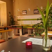 Inside (we were early) at Falafel Sababa in Berlin