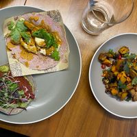 Beet tartare taco, cauliflower taco, and seasonal smoked squash salad. at Nixta Taqueria in Austin