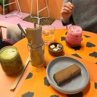 Pistachio latte and tiramisu bar. at Wild Souls in Athens