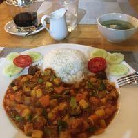 Curry set meal served with a ginger/herb broth, 50K at Buddha Belly in Ninh Binh
