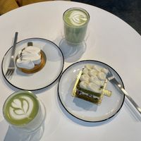Matcha latte, lemon tart and matcha azuki cake.   at Soi & Co in Berlin