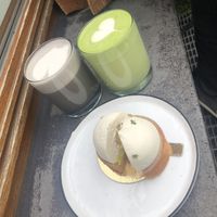 Matcha and sesame lattes, lemon cake  at Soi & Co in Berlin
