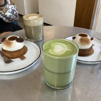 Pumpkin tarts with roasted tea latte and matcha latte  at Soi & Co in Berlin