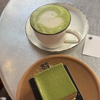 Pistachio matcha tofu cheesecake and matcha cappuccino   at Soi & Co in Berlin