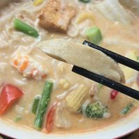 Laksa Soup - close-up of mock chicken at Madame K's Vegan- CBD in Melbourne
