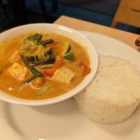 Tofu Penang with jasmine rice. at Madame K's Vegan- CBD in Melbourne
