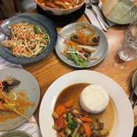“Prawn” noodle soup and tofu cashew stir fry   at Madame K's Vegan- CBD in Melbourne