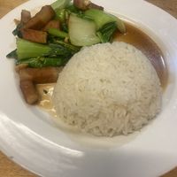 Crispy pork with Chinese broccoli   at Madame K's Vegan- CBD in Melbourne