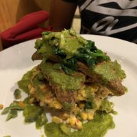 Pistachio and coconut crusted tofu and corn cake  at Red Lentil in Watertown