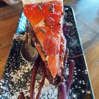 Strawberry chocolate cake, very large slice! at Red Lentil in Watertown