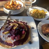 Pancakes, tempeh bacons, tofu scramble, and home fries!   at Red Lentil in Watertown