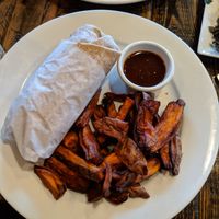 Mm burger roll up and sweet potato fries at Red Lentil in Watertown