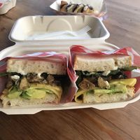 Portobello sandwich with mock chicken on sourdough. Yummy. at The Cardinal Herbs Teas and Spices in Honokaa