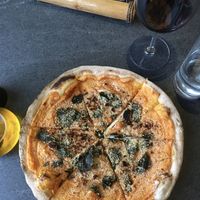 Vegan Battambang pizza (V1 on the menu). Sweet potato, Cambodian kale and vegan cashew parm.  at La Pizza in Battambang