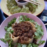 Hand made vegan noodles and dumplings  at Mama Chau's in Santiago