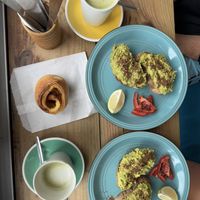 lovely avo on ciabatta and oat matcha latte after surf session! staff is super friendly, there’s lots of vegan options including pastries and raw desserts! lovely atmosphere!  at Hang Ten Cafe in Muizenberg